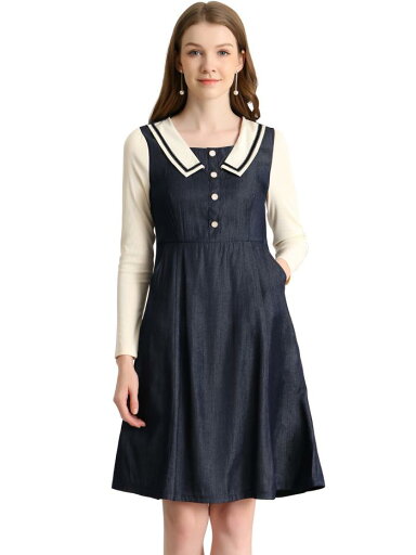 Allegra K Aラインワンピース ドレス ラペルカラー ボタンの装飾 長袖 フレア レディース ブルー S Allegra K Aラインワンピース ドレス ラペルカラー ボタンの装飾 長袖 フレア レディース ブルー S