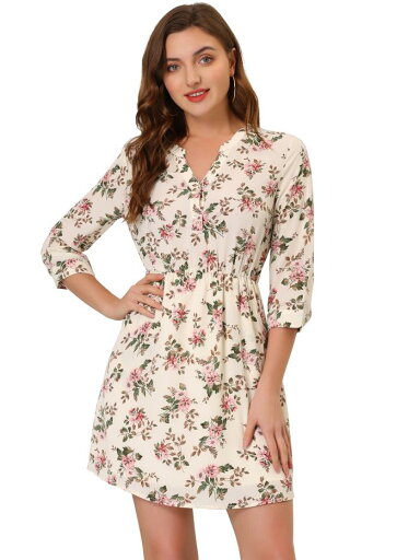Allegra K 花柄ワンピース Vネック 七分袖 シャツワンピース ポケット付き 夏 レディース アプリコット S Allegra K 花柄ワンピース Vネック 七分袖 シャツワンピース ポケット付き 夏 レディース アプリコット S