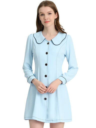 Allegra K 丸襟 シャツワンピース ドレス 襟付き ピーターパンカラー ボタンフロント レディース ブルー S Allegra K 丸襟 シャツワンピース ドレス 襟付き ピーターパンカラー ボタンフロント レディース ブルー S