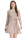 Allegra K 丸襟 ワンピース 花柄 長袖 ハーフ前立て 襟付き ドレス ベルト付き レディース ベージュ S(4)