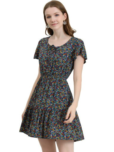 Allegra K 花柄ワンピース ドレス ウエストゴム フレア フリル 裾 弾性 フラッタースリーブ レディース ネイビーブルー M Allegra K 花柄ワンピース ドレス ウエストゴム フレア フリル 裾 弾性 フラッタースリーブ レディース ネイビーブルー M