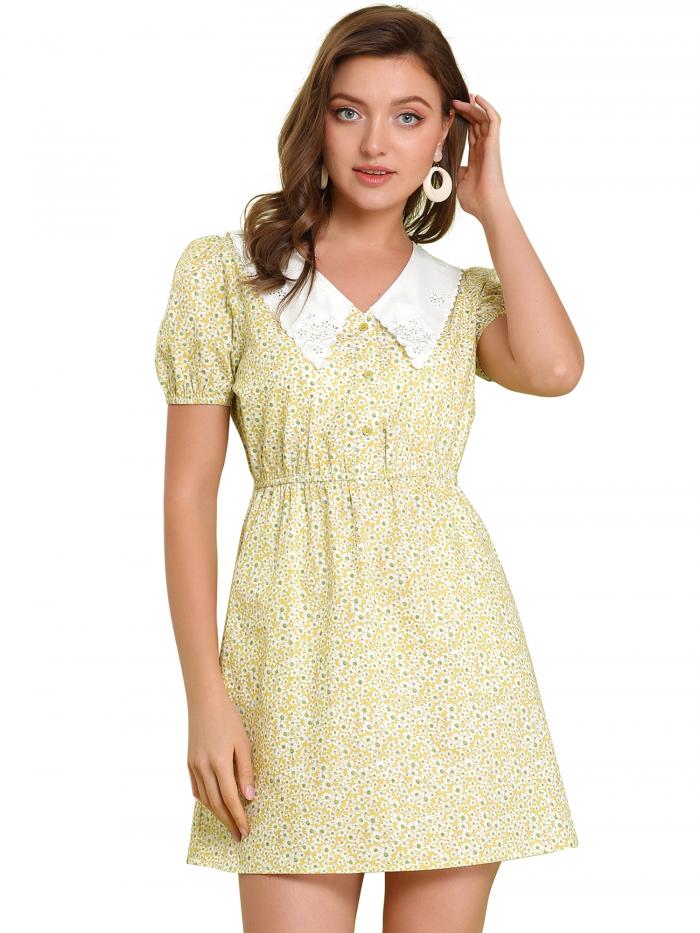 Allegra K ポケットワンピース ドレス 花柄 フローラル Vネック ウェストゴム カジュアル レディース イエロー XS