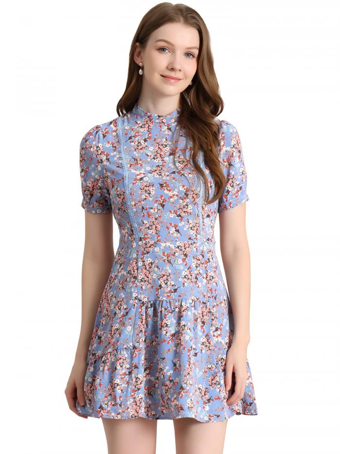 Allegra K ティアードワンピース 花柄 フリル裾 半袖 エレガント レディース ダスティブルー XL