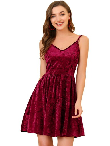 Allegra K 女性用Vネックスパゲッティストラップベルベットパーティーキャミミニドレス ワインレッド S Allegra K 女性用Vネックスパゲッティストラップベルベットパーティーキャミミニドレス ワインレッド S