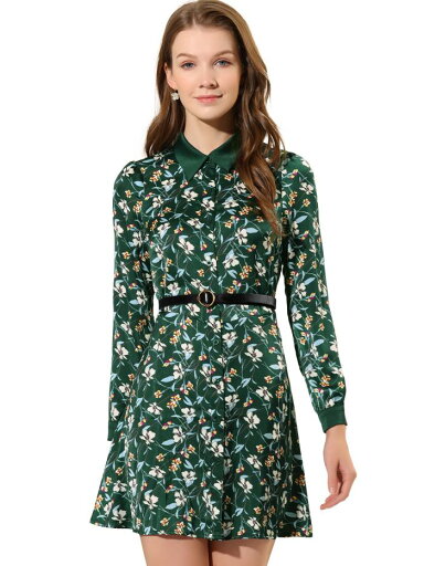 Allegra K シャツドレス 花柄ドレス カジュアルワンピース コントラストカラー サテン ベルト レディース ダークグリーン XL Allegra K シャツドレス 花柄ドレス カジュアルワンピース コントラストカラー サテン ベルト レディース ダークグリーン XL