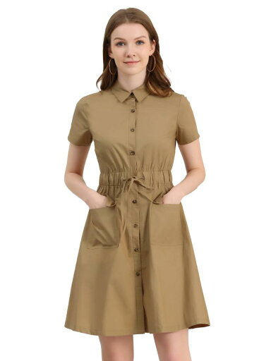 Allegra K シャツワンピース 綿 無地 ボタン ウエストゴム 半袖 ポケット付き レディース カーキ M Allegra K シャツワンピース 綿 無地 ボタン ウエストゴム 半袖 ポケット付き レディース カーキ M