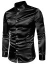 Lars Amadeus ドレスシャツ サテン ポイントカラー 長袖 ボタンダウン スリムフィット メンズ ブラック 2XL