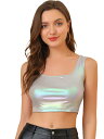 Allegra K メタリック クロップトップ 光沢 タンクトップ Uネック ノースリーブ パーティー クラブ レディース シルバー XL