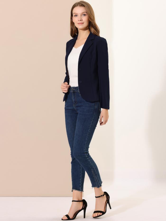 Allegra K ジャケット スーツブレザー ラペルカラー ビジネス 通勤 オフィス 伸縮性 レディース ネイビーブルー XL