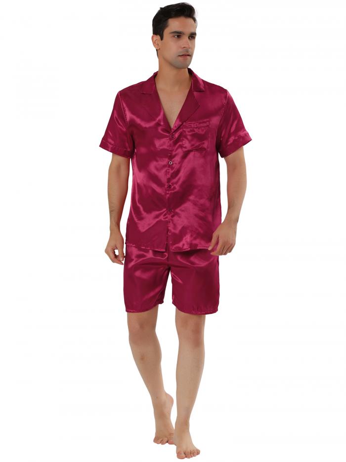 Lars Amadeus パジャマセット サテン ナイトウェア スリープラウンジセット サマー 半袖 メンズ レッド S