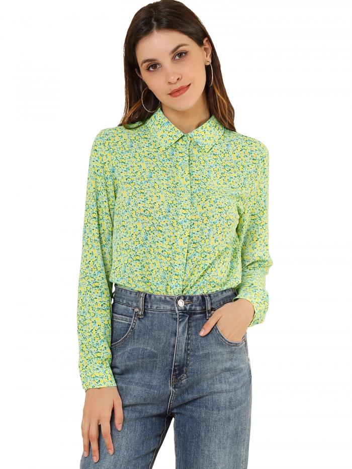 Allegra K 花柄シャツ ブラウス 長袖 おしゃれ ボタンダウン 通勤 オフィス カジュアル レディース ライトグリーン M