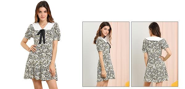 Allegra K シャツワンピース ドレス フリル ボウタイ ボタンダウン フレア 半袖 レディース ブラック M