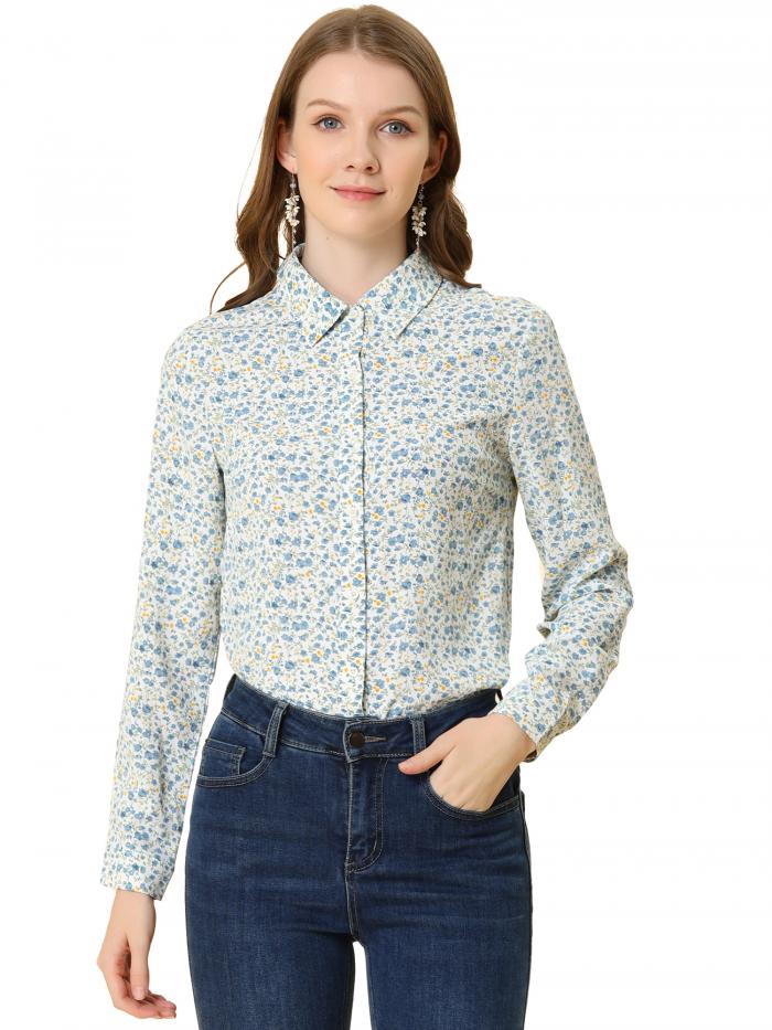Allegra K 花柄シャツ ブラウス 長袖 おしゃれ ボタンダウン 通勤 オフィス カジュアル レディース ホワイト ブルー花 M
