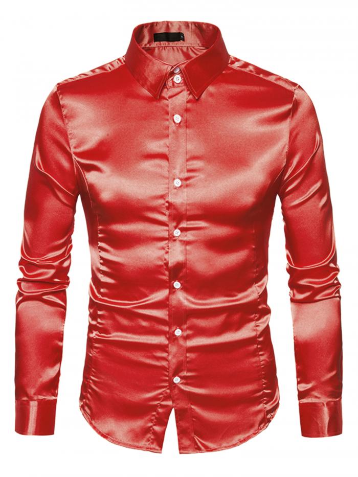 Lars Amadeus サテンシャツ 光沢 無地 長袖 ボタンダウン ステージ衣装 メンズ 真っ赤 L