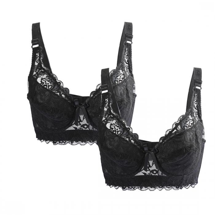uxcell レディース ブラジャー ブラ フルカップ 花柄レース 通気性 アンダーワイヤー 2点セット ブラック 44/100 = 95B/C