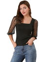 Allegra K ブラウス シースルー 七分袖 シフオンブラウス セックシー 水玉 スクエアネック シャツ オフィス メッシュ トップス 着痩せ おしゃれ ゴージャス レディース ブラック M