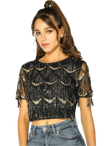 Allegra K タッセル Tシャツ スパンコール 光沢 グリッター 半袖 クロップドトップス レディース Allegra K タッセル Tシャツ スパンコール 光沢 グリッター 半袖 クロップドトップス レディース