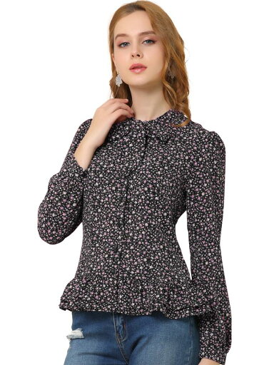 Allegra K ペプラム トップス ブラウス シャツ 花柄 ボウタイ ボタンダウンフリル裾 レディース Allegra K ペプラム トップス ブラウス シャツ 花柄 ボウタイ ボタンダウンフリル裾 レディース