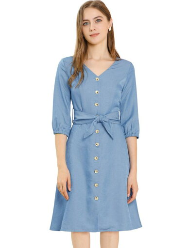 Allegra K Aラインワンピース ドレス ベルト付き Vネック 前ボタン 七分袖 無地 ひざ丈 レディース Allegra K Aラインワンピース ドレス ベルト付き Vネック 前ボタン 七分袖 無地 ひざ丈 レディース
