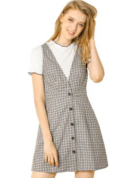 Allegra K ジャンパースカート サスペンダースカート チェック柄 千鳥格子 前ボタン レディース