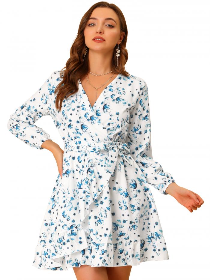 Allegra K ワンピース 秋冬 レディース 膝丈 フレアワンピース Vネック フリル きれいなワンピース ベルト付き ハイウエスト 着痩せ ドレス 花柄 長袖 エレガント