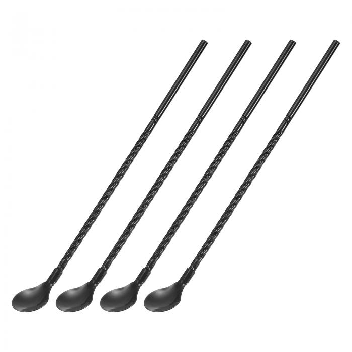 uxcell スプーンストロー 飲みストロー スプーン ステンレス鋼 長さ21.8cm 再利用可能 メタル ロングハンドル シェイク ドリンク カクテル ブラック 4個入り