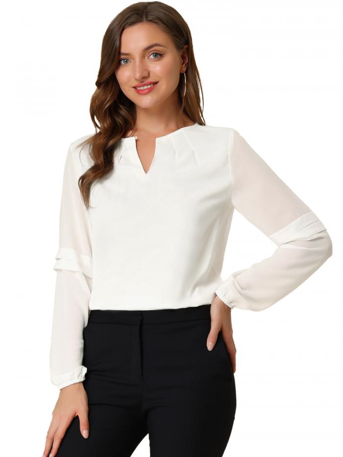 Allegra K シフォンブラウス トップス 長袖 フリル オフィス 仕事 無地 レディース ホワイト 2XL
