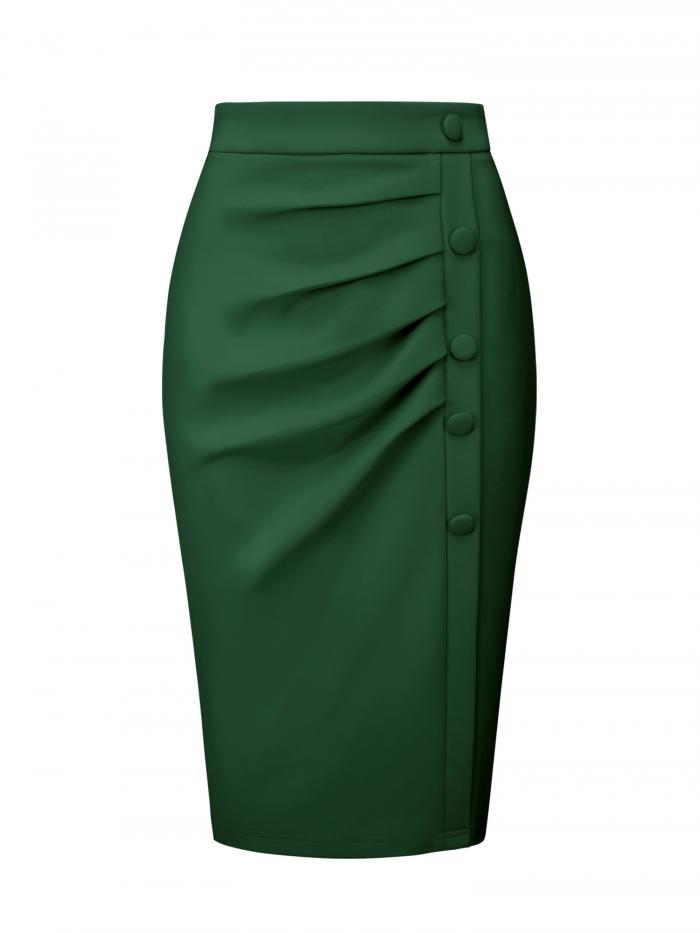 Hobemty ペンシルスカート ミディスカート ハイウエスト プリーツフロント ボタン飾り ワーク 就職活動 ビジネス レディース ダークグリーン L