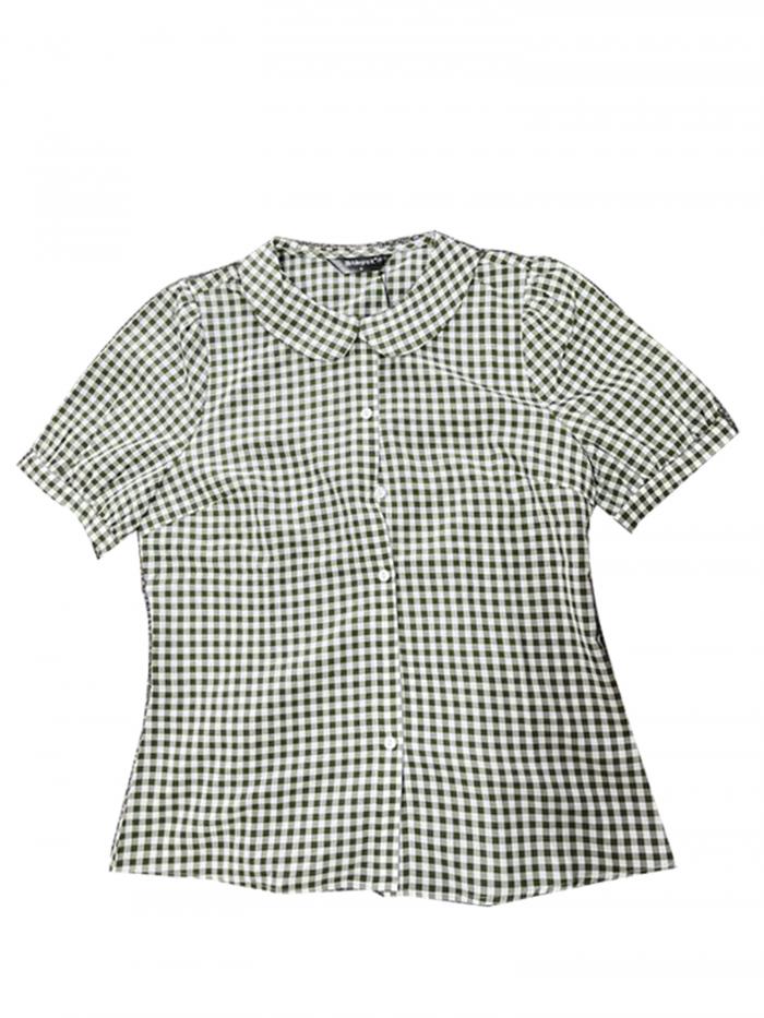 Allegra K チェックブラウス 丸襟 ボタンダウンシャツ パフ半袖 ギンガムトップス レディース グリーン XS