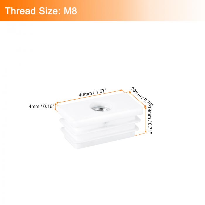 uxcell スクエアチューブ 8個セット 20 x 40mm - M8スレッド付きPPチェアカバー 家具脚用のネジ込み式インサート 調節可能な脚プラグ チェアパイプエンドキャップ(ホワイト) [3]