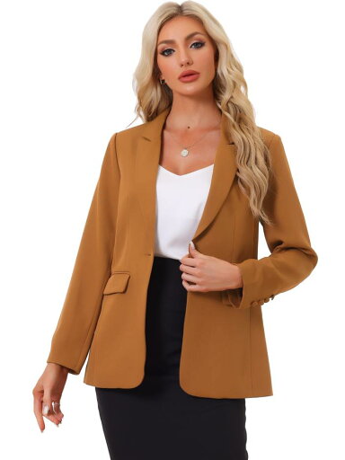 Allegra K レディース ビジネスブレザー ワンボタン オープンフロント ワーク オフィス スーツブレザー ジャケット 長袖 ブラウン XL Allegra K レディース ビジネスブレザー ワンボタン オープンフロント ワーク オフィス スーツブレザー ジャケット 長袖 ブラウン XL
