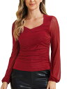 Allegra K シャーリング メッシュブラウス Vネック 長袖 スリムフィット ドレッシー カジュアル ラップトップス レディース ダークレッド M