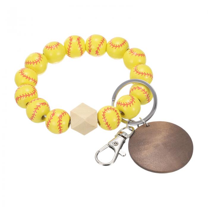 PATIKIL 野球装飾リストレットキーチェーン オフィス ショッピング 旅行用 茶色 ウッドチップ付きスポーツ装飾リストレットブレスレット イエロー