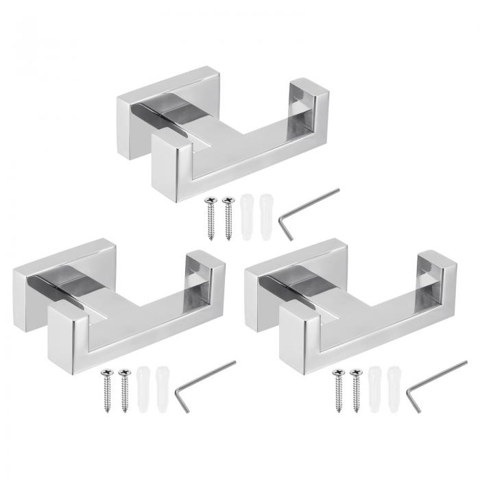 PATIKIL ダブルタオルフック 3個セット 304ステンレス製壁掛けハンガー 長方形タオルホルダー 浴室 寝室 寮 タオル 洋服 コート ローブ 帽子 クロ...