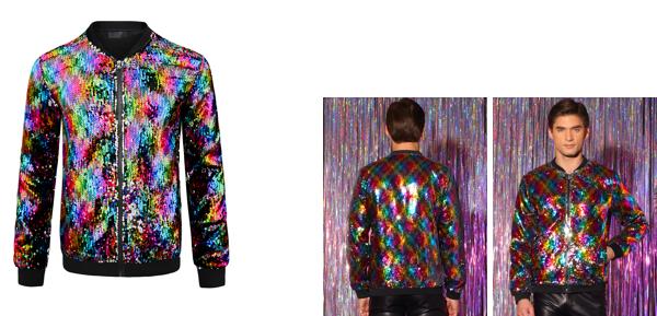 Lars Amadeus メンズ用 スパンコールジャケット ジップアップ 長袖 パーティー ディスコ ボンバージャケット マルチカラー L