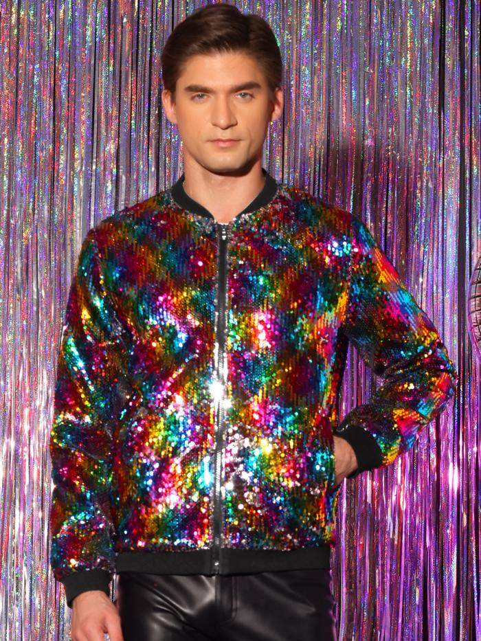 Lars Amadeus メンズ用 スパンコールジャケット ジップアップ 長袖 パーティー ディスコ ボンバージャケット マルチカラー L