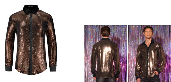 Lars Amadeus メンズ用スパンコールシャツ 長袖 ボタンダウン ディスコパーティー メタリック 光沢シャツ シャンパン S