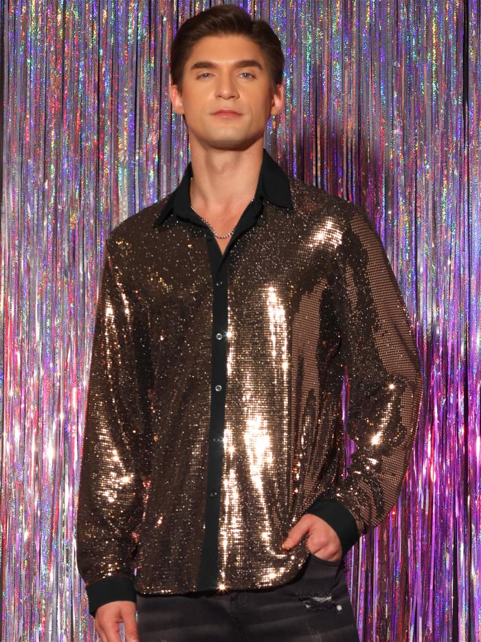 Lars Amadeus メンズ用スパンコールシャツ 長袖 ボタンダウン ディスコパーティー メタリック 光沢シャツ シャンパン S