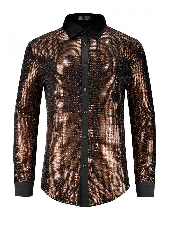 Lars Amadeus メンズ用スパンコールシャツ 長袖 ボタンダウン ディスコパーティー メタリック 光沢シャツ シャンパン S