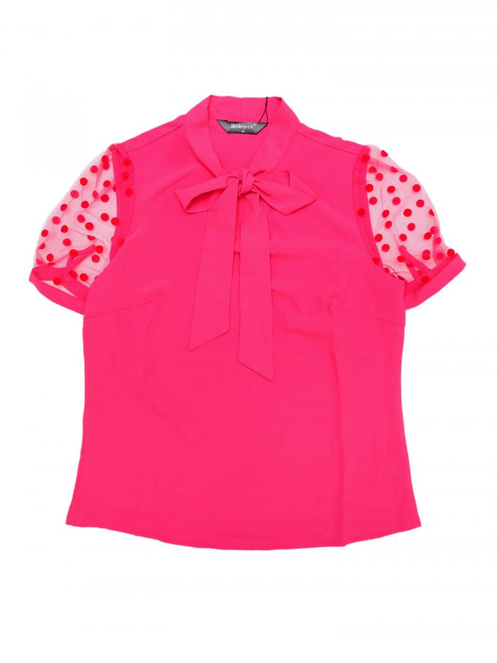 Allegra K ブラウス シースルー 半袖 シフオンブラウス フリル リボン付き シャツ オフィス メッシュ トップス 着痩せ エレガント ボウタイブラウス ゴージャス レディース ホットピンク XL