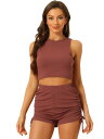 Allegra K 夏用 2ピース アウトフィット ストレッチ リブ タンク クロップ トップ 巾着 ショーツ セット レディース ブリックレッド L
