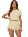 Allegra K 夏のトラックスーツ 2ピース アウトフィット 半袖 トップス ハイウエスト 巾着 ショーツ セット付き レディース ベージュ S