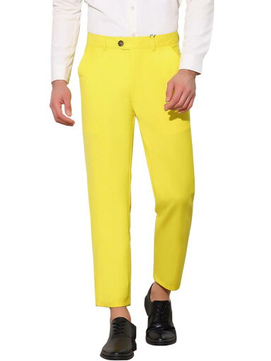 Lars Amadeus ドレスパンツ スーツパンツ フォーマル クロップドパンツ スラックス 無地 フラットフロント スキニー メンズ レモンイエロー 38 Lars Amadeus ドレスパンツ スーツパンツ フォーマル クロップドパンツ スラックス 無地 フラットフロント スキニー メンズ レモンイエロー 38