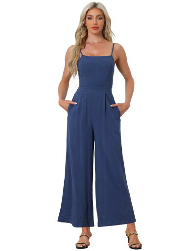 Allegra K リネン ノースリーブ ジャンプスーツ スパゲッティ ストラップ バックレス ワイドレッグ ロンパース レディース ネイビーブルー S Allegra K リネン ノースリーブ ジャンプスーツ スパゲッティ ストラップ バックレス ワイドレッグ ロンパース レディース ネイビーブルー S