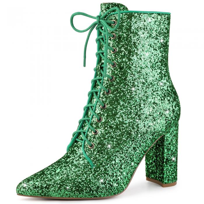 Perphy 女性用グリッターレースアップブロックヒールアンクルブーツ 緑 23.5cm