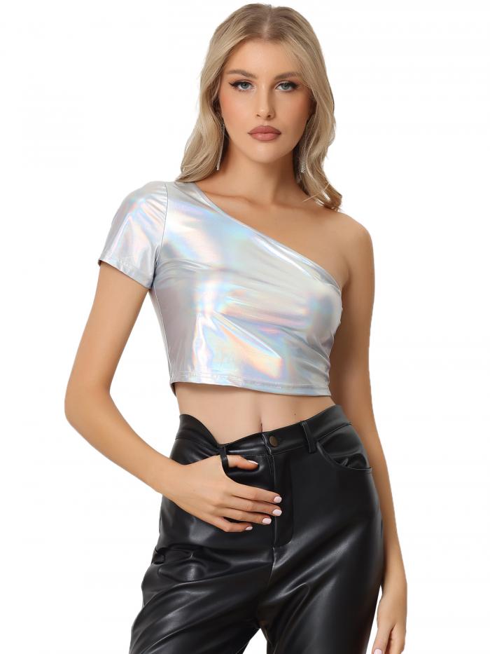 Allegra K メタリック クロップトップ ワンショルダー 半袖 シャイニー ホログラフィック パーティー トップス レディース 銀 L