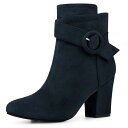 Perphy 女性のためのラウンドトゥサイドジップバックルチャンキーヒールアンクルブーツ ネイビーブルー 24.5cm