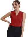 Allegra K ノースリーブブラウス プリーツシャツ 無地トップス Vネック 仕事 オフィス レディース レッド L(4)