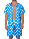 Lars Amadeus 水玉 ハワイアン セット 半袖 シャツ ショーツ 巾着ゴムウェスト ポケット 夏用 2枚セット メンズ ブルー XL