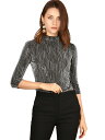 Allegra K トップス 七分袖 光沢 シャイニーストライプ メタリック パーティー 幾何 グリッター レディース シルバーブラック 3XL(4)